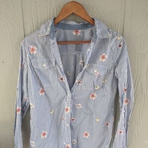 White & Blue Striped Button Up Blouse
